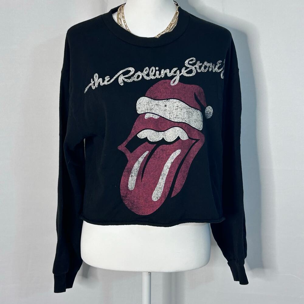 The Rolling Stones Santa Tongue Crop Top L Black Long Sleeve Graphic Band Tee